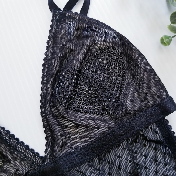 VICTORIA'S SECRET Very Sexy Black Mesh Heart Rhinestones Teddy Size Small - Picture 11 of 16